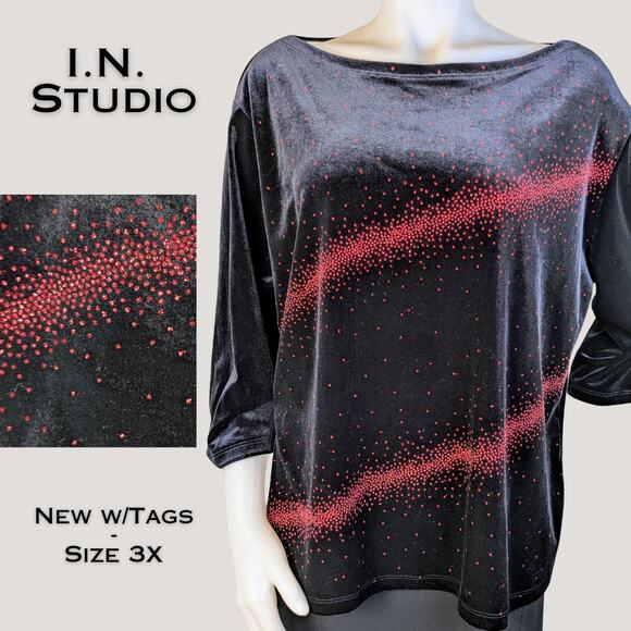 I.N. Studio Tops - I.N. Studio Velvet Top 3X Black Red Sequined Stretch Holiday Dressy Party NEW